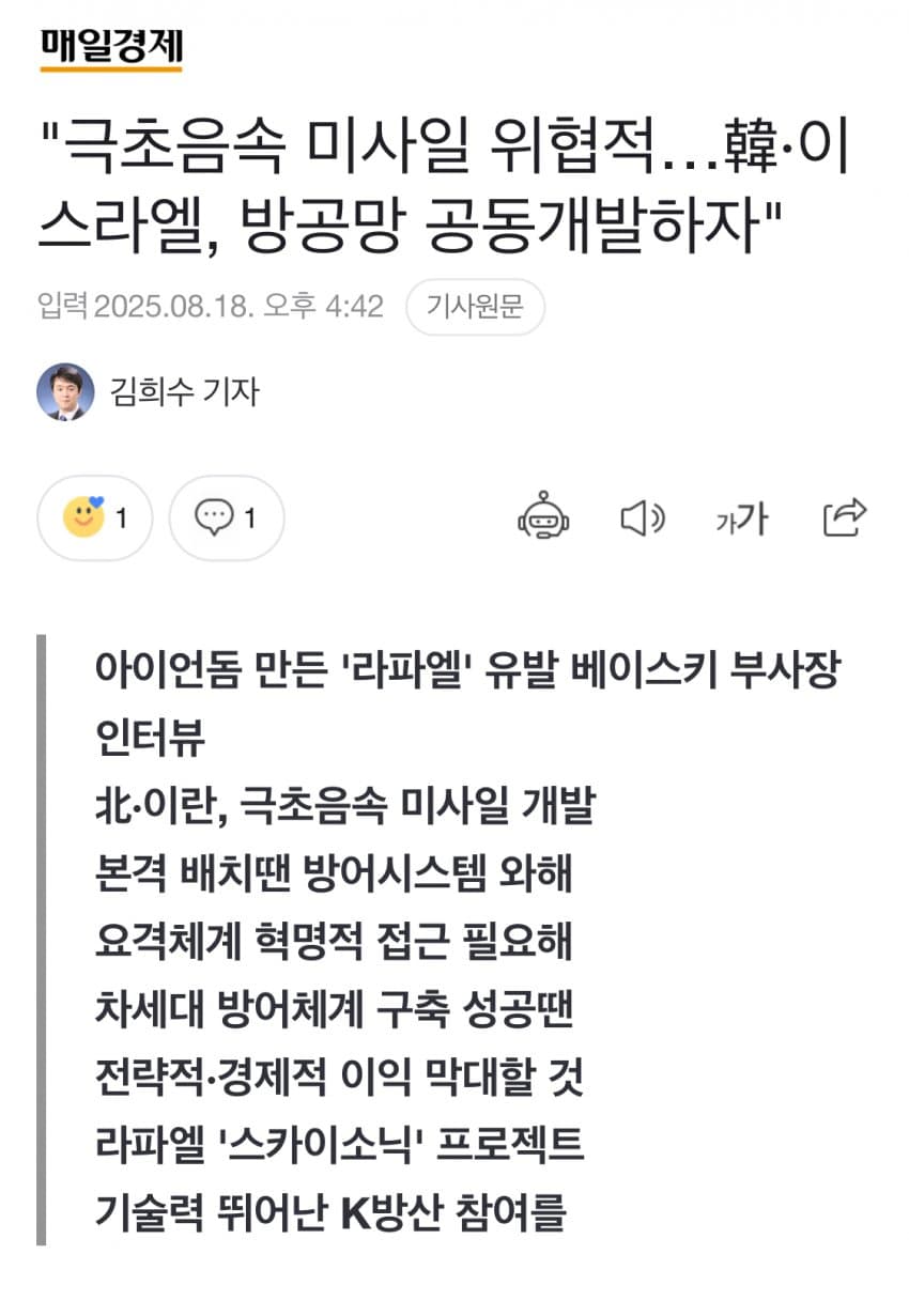 [군갤] 이스라엘  “한국 방공망 공동개발하자”