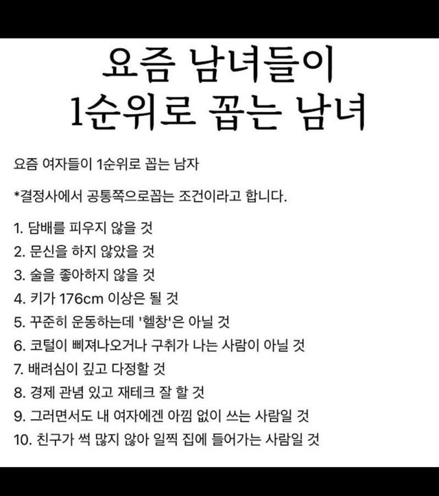 요즘 남녀가 바라는 이성조건 TOP10